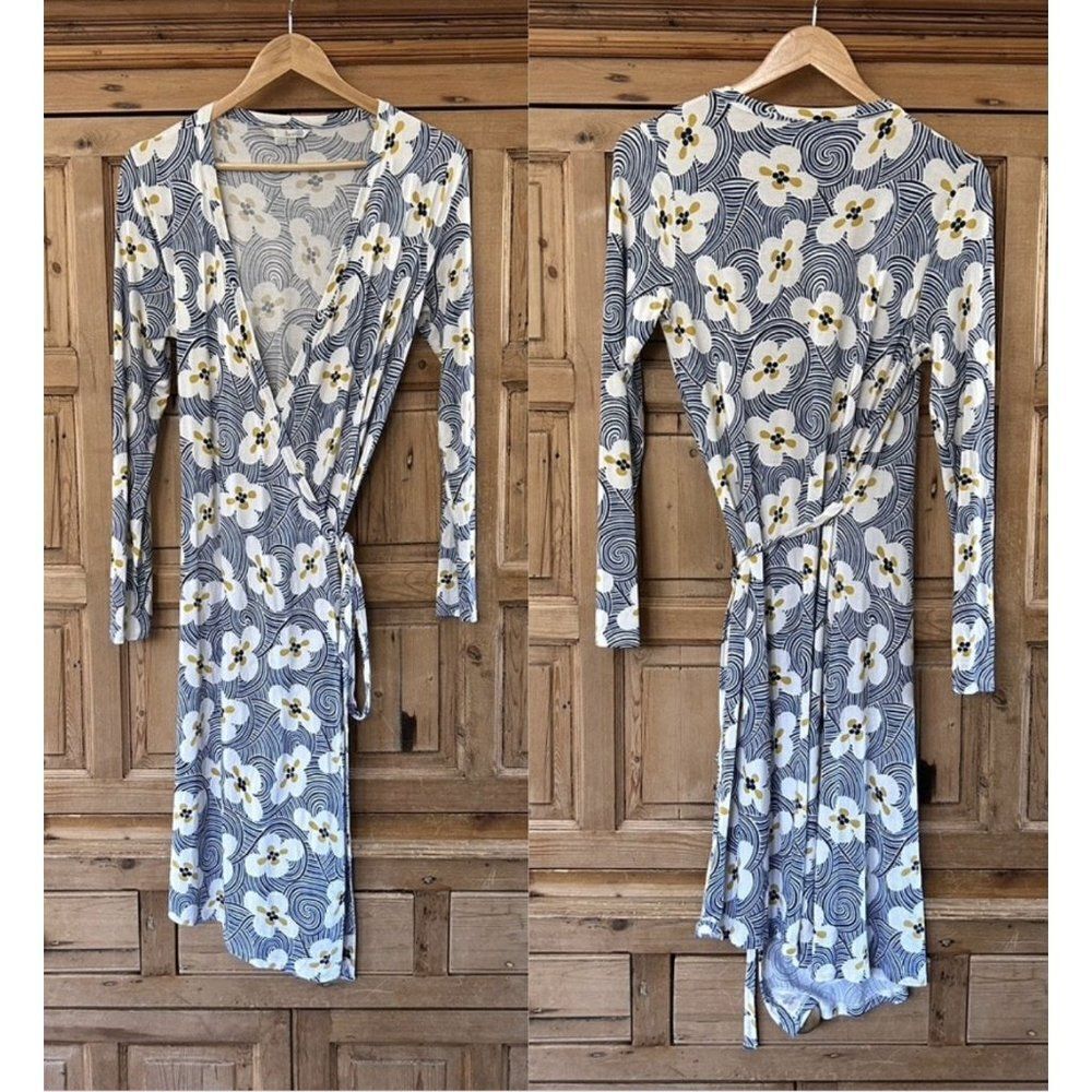 Boden Blue White Floral Toulon Wrap Dress Viscose Long Sleeve US 8 UK 12 British